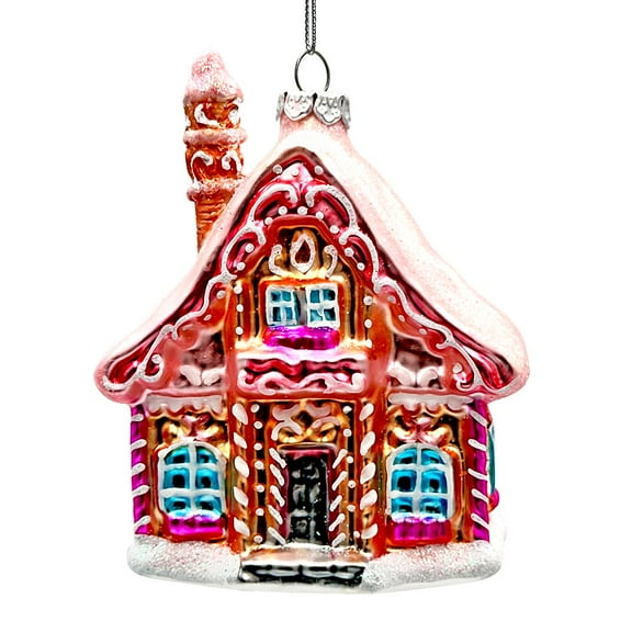 Frosted Pink Cottage Glass Christmas Ornament, Sugar Sweet Gingerbread Home Holiday Tree Decoration