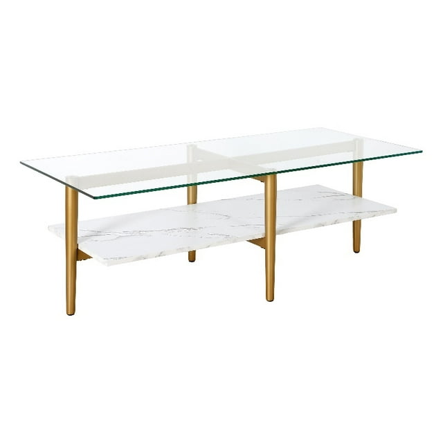 Henn&Hart 47"W Metal/Glass/Faux Marble Coffee Table in Brass/Faux Marble