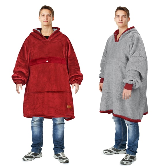 Catalonia Deluxe Reversible Fleece Oversized Blanket Sweatshirt with Hood Super Soft Warm Large Plush Sleeved Throws for Adult Wom