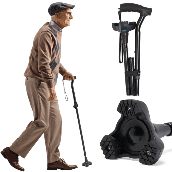 Medline TriGlide Folding Cane, Walking Cane, 32-In to 37-In Adjustable Height, 350 lb. Weight Capacity, Black