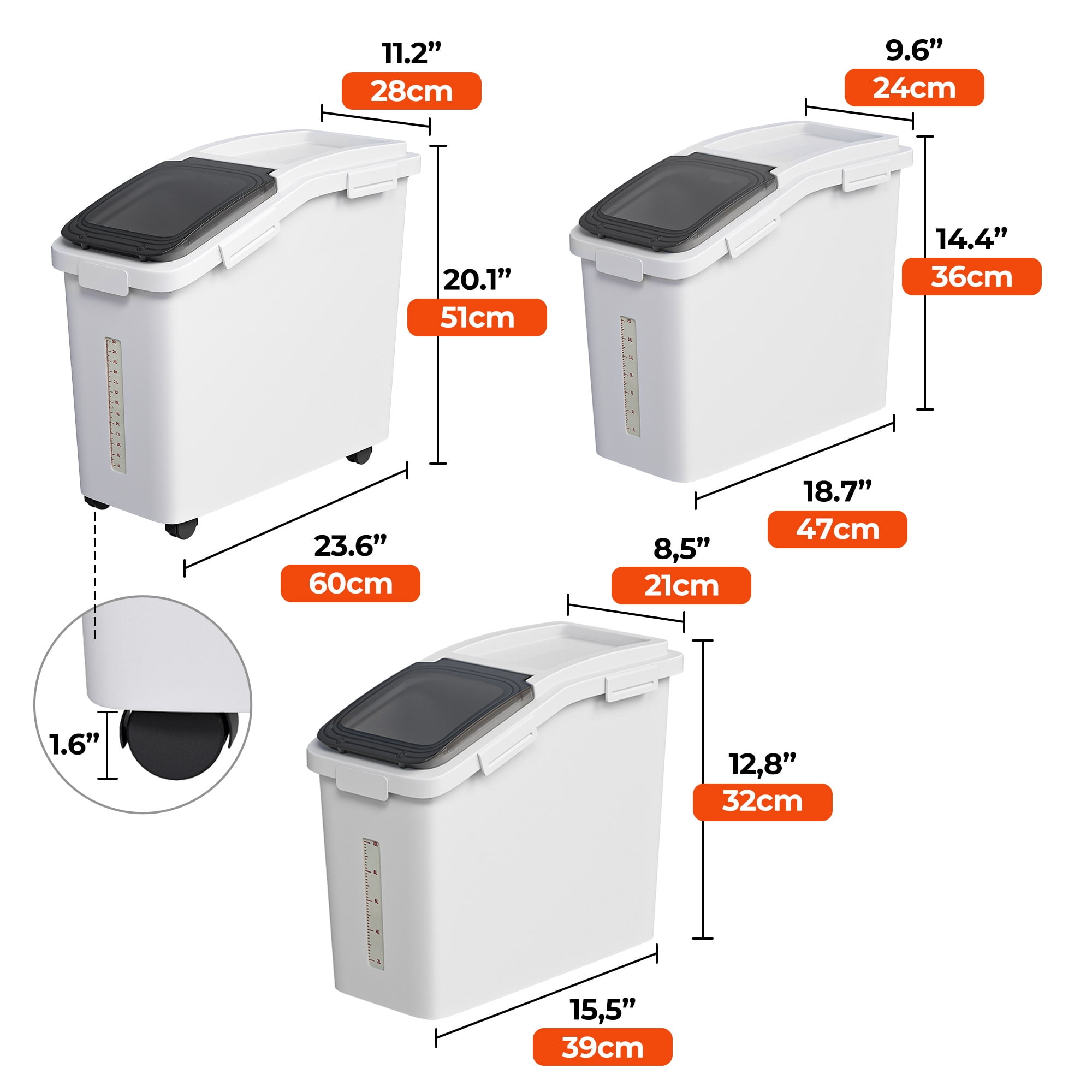Uforic Airtight Food Storage Container Set, 3.4/5.8/11.4 Gallon Multiple Sealing Buckets with Wheels, 3-Piece Set