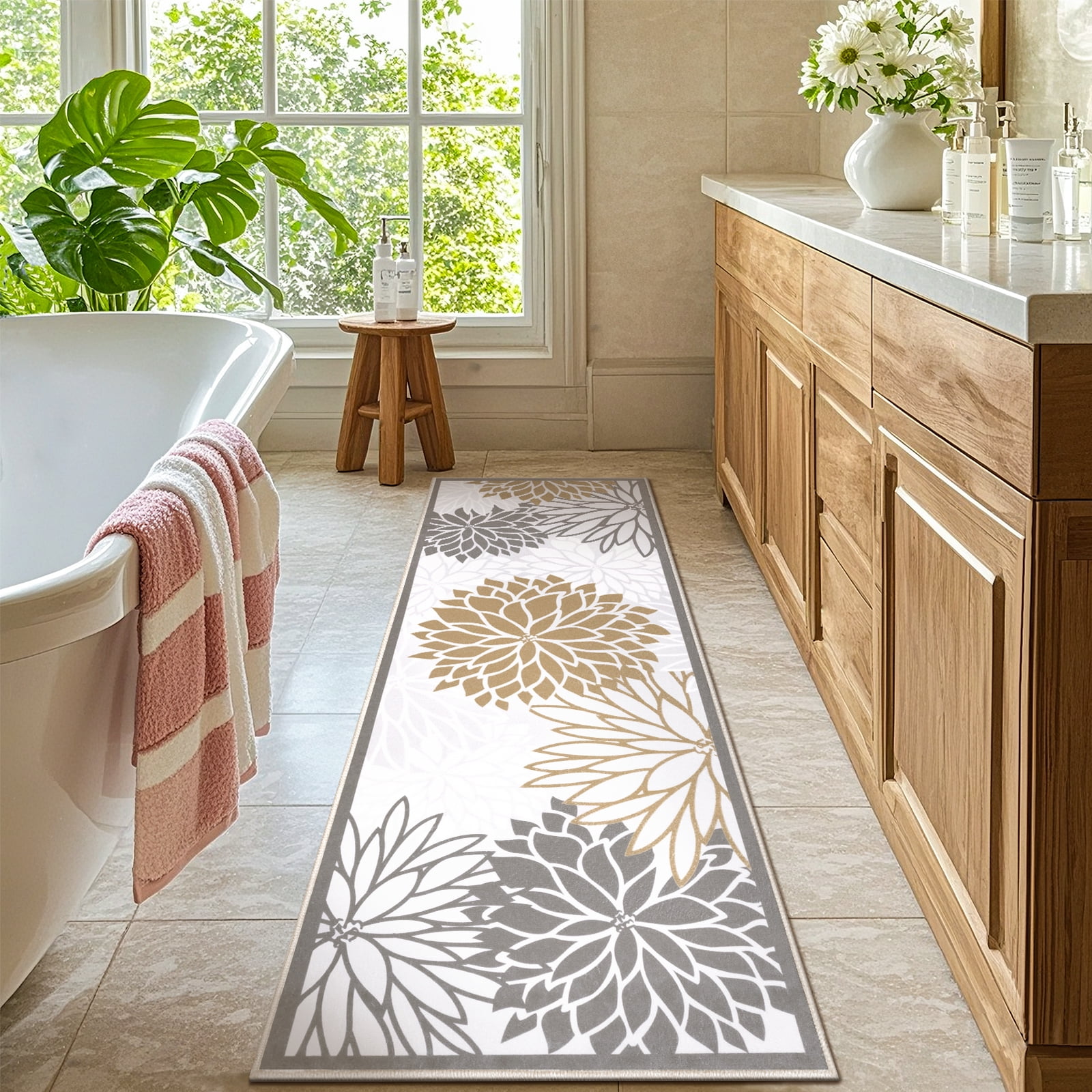 MeyJey 2'x6' Floral Runner Rug for Hallways, Oriental Non Slip Machine Washable Area Rugs Vintage Floor Carpet for Bedroom Kitchen Dinning/Living/Laundry Room, Brown/Gray