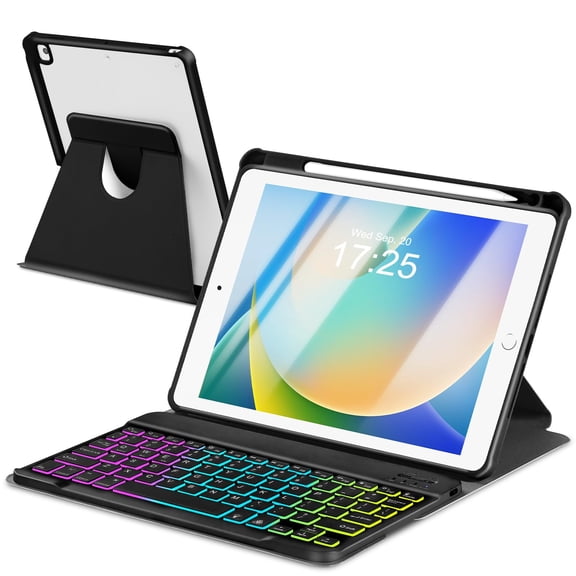 HPZZ Case with Keyboard for iPad 9th 8th 7th Generation 10.2 inch,7 Rainbow Backlit Detachable Wireless Keyboard Rotatable Magnetic Cover with Pencil Holder for iPad Air 3rd Gen/Pro 10.5 Black