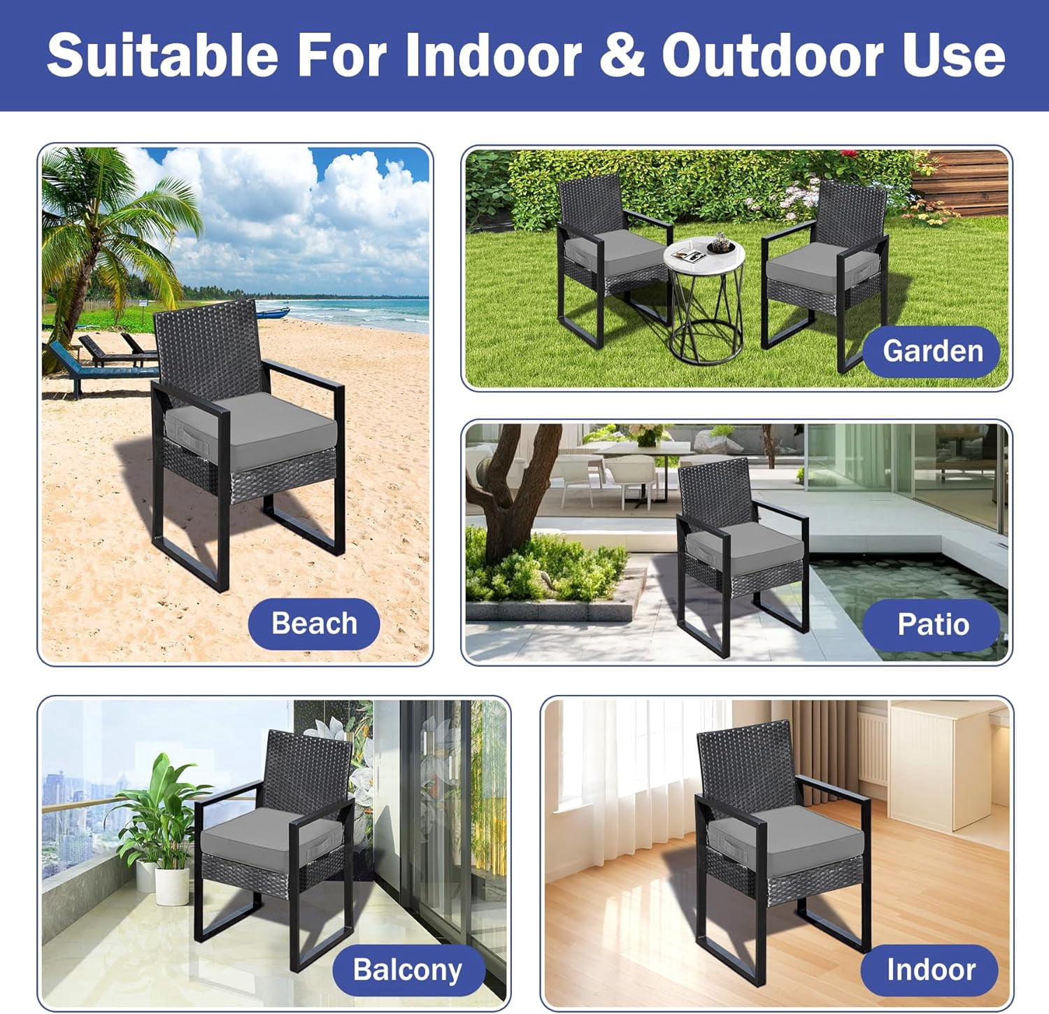 Patio Chair Cushions Set of 4, 19" x 19" x 3", Waterproof, Light Grey, with Handles and Ties