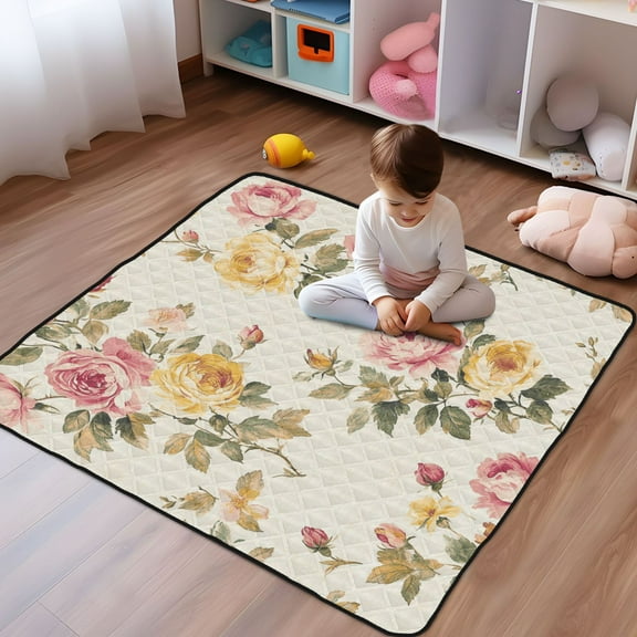 WOBOGO Vintage Shabby Chic Floral Pattern with Roses Baby Playmats Extra Large Waterproof Rollable Activity Pads for Toddlers 50×50inch