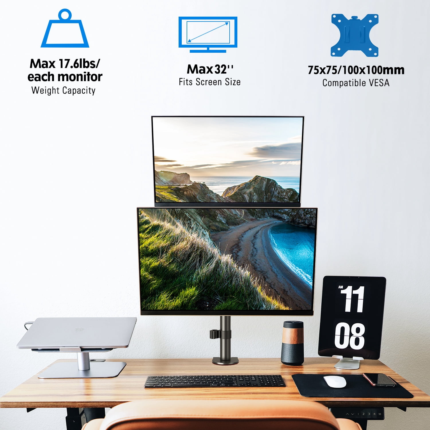 HOMOUNT Dual Monitor Stand, Vertical Monitor Desk Mount for 2 Max 32 inch Stack Screen Monitors, Height Adjustable, Swivel, Tilt, up to 17.6lbs