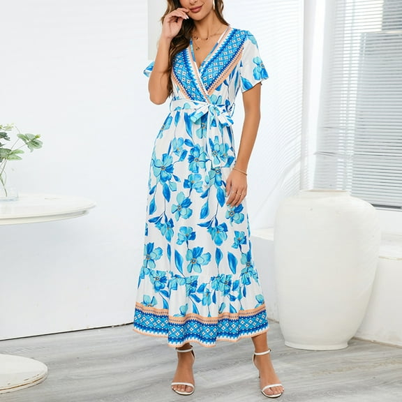 Itsame Women Summer Dress Printed V-neck Thin Dress Blue Size M