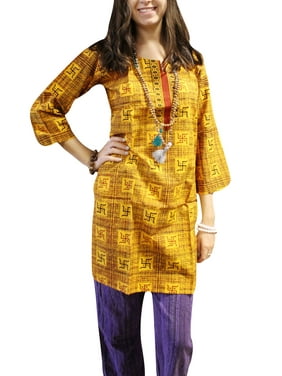 Mogul Women’s Cotton Tunic Dress Kurta Hindu Symbols Pattern Spiritual Swastika Om Surya Luck Prosperity Bohemian Shirt M