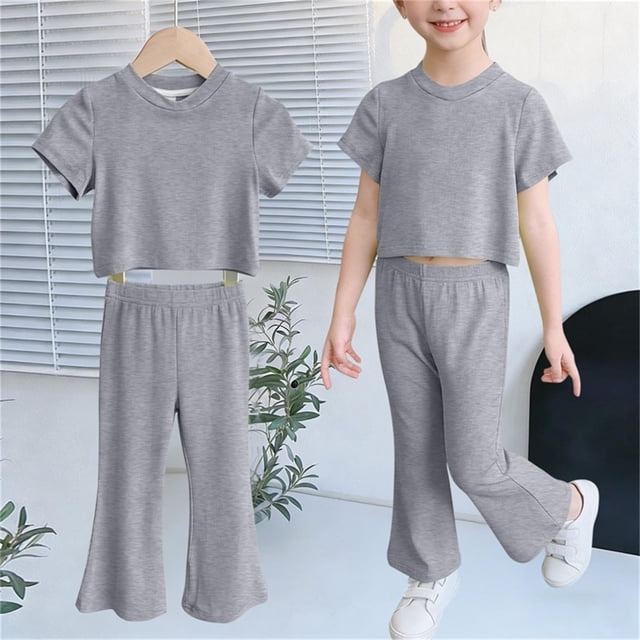 Conjuntos de blusas y camisas de cuello redondo y manga corta para niñas, top sin mangas de verano de seda de hielo de color sólido + pantalones, traje holgado informal de moda, conjunto de poliéster