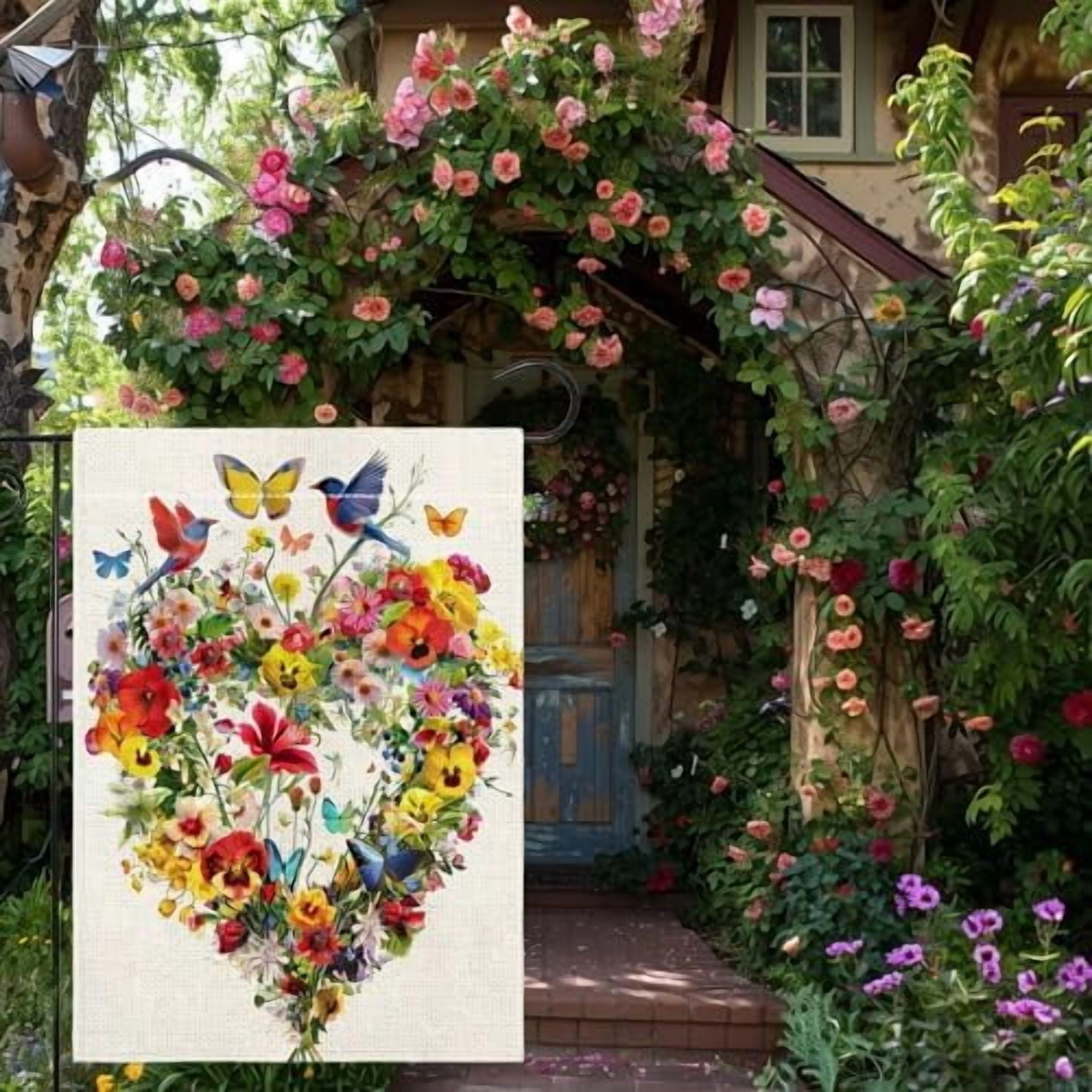 Spring Summer Birds Flowers Butterflies Garden Flag for Outside, Colorful Floral Love Hearts Outdoor Yard Flag 12x18 Inch Double Sided Burlap
