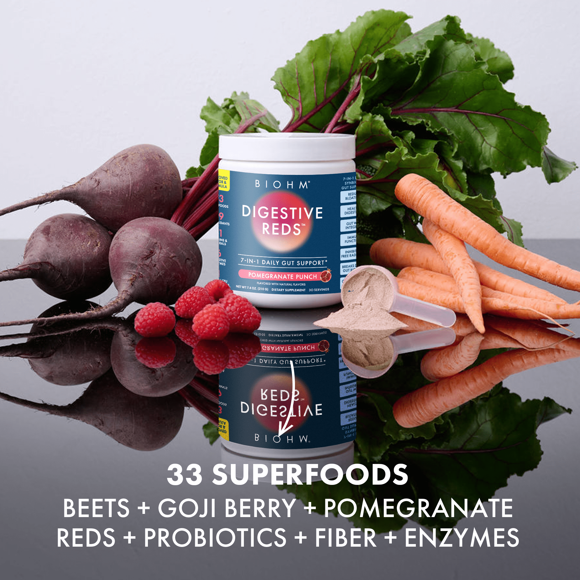 BIOHM Digestive Reds Powder, Probiotics, Red Berry Flavor, 7.4 oz, 30 Servings (Unisex)