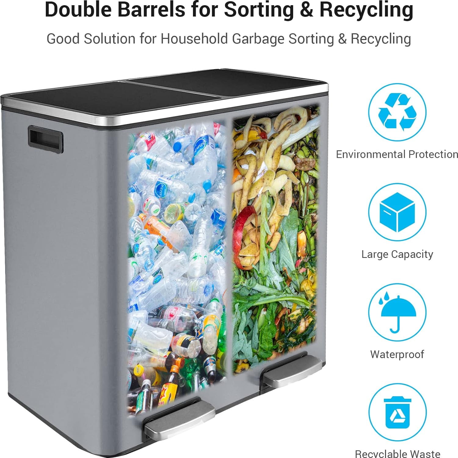 Arlopu 16 Gallon Dual Trash Can with Foot Pedal, Stainless Steel Kitchen Garbage Can with Lids, Double Compartment Classified Recycling Bin