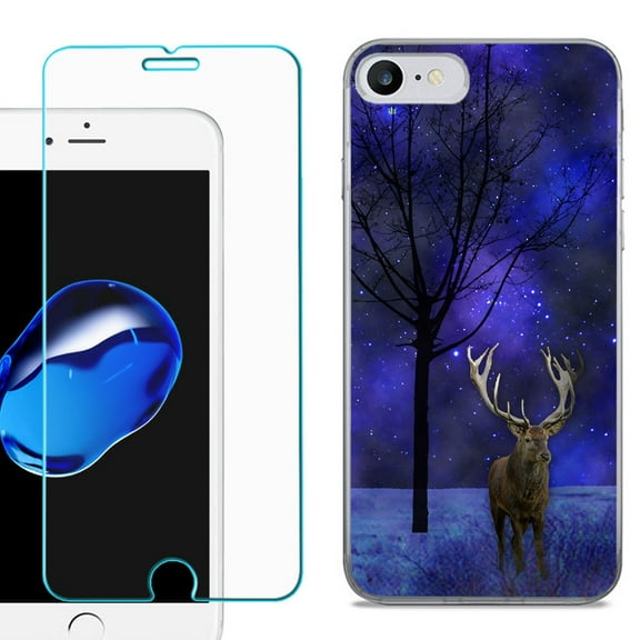 For Apple iPhone 7 / iPhone 8 Case, Slim-Fit TPU Phone Case, with Tempered Glass Screen Protector, by OneToughShield ® - Midnight Deer
