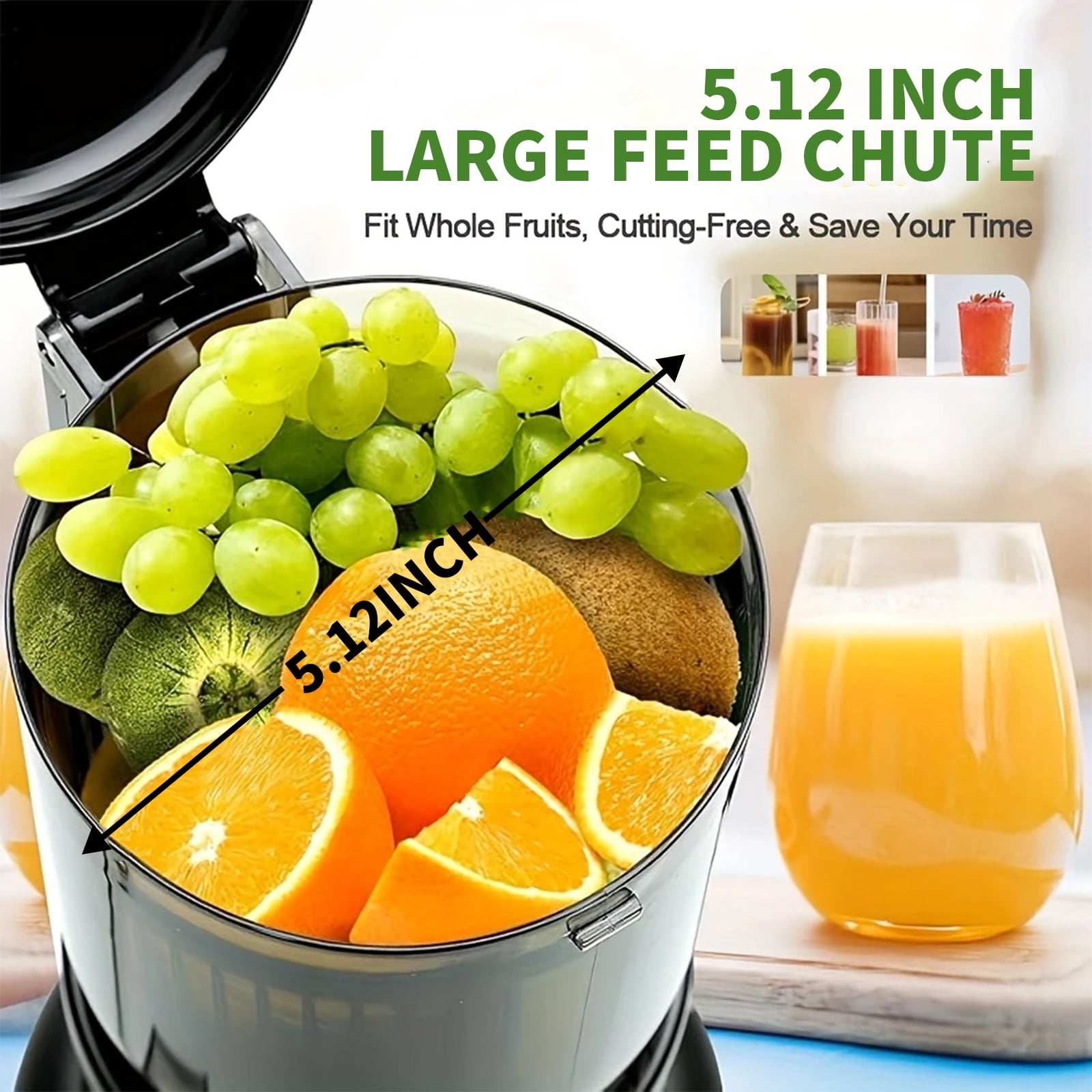 Cold Press Juicer Machine, SIFENE Slow Masticating Juice Extractor with 5.2" Wide Feed Chute (Some Fruits Require Cutting/Pitting), BPA-Free, Quiet Operation, Easy Clean, High Juice Yield, Juicer for