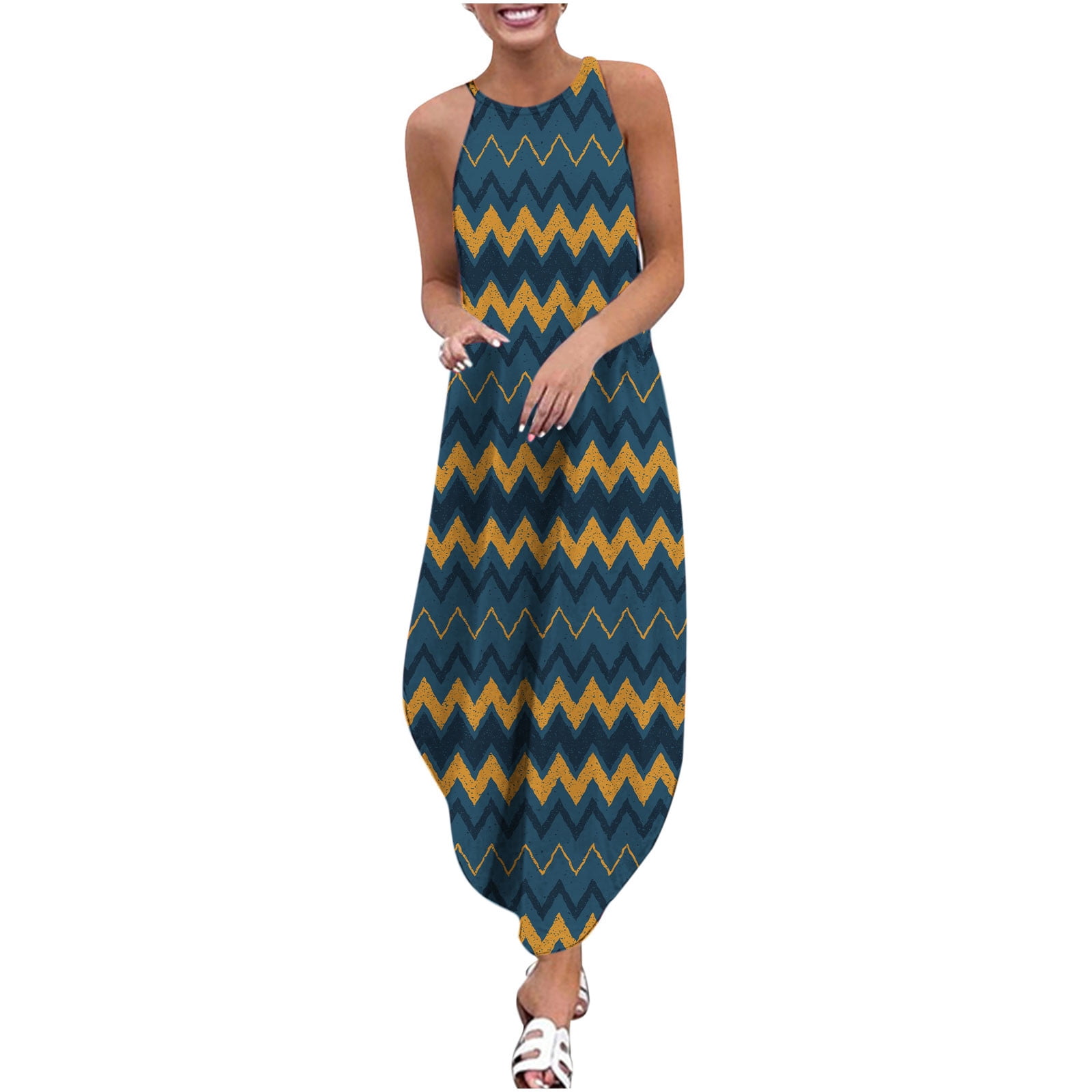 Women's Summer Maxi Dress Spaghetti Strap Sleeveless Summer Beach A Line  Ruffle Maxi Pluse Size Loose Fit Comfy Beach Sun Dress