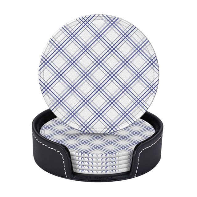 Posavasos de cuero de 6 piezas, posavasos de línea diagonal de cuadros geométricos azules y blancos para bebidas, posavasos para tazas, regalo de inauguración de la casa, ideal para la decoración del