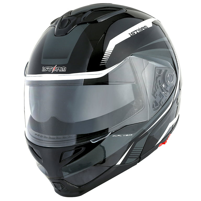 1Storm Motorcycle Street Bike Modular/Flip up Dual Visor/Sun Shield Full  Face Helmet HG339 Storm Tron White