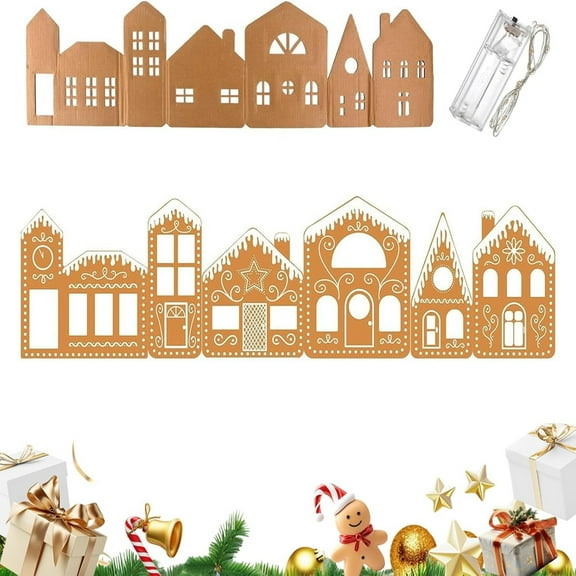 KOYPTL Light-Up Christmas Gingerbread House Village Decorations 39*10 Inch Reusable Foldable Gingerbread House Cardboard Christmas Table Decorations with String Light for Desktop Home Holiday Decor