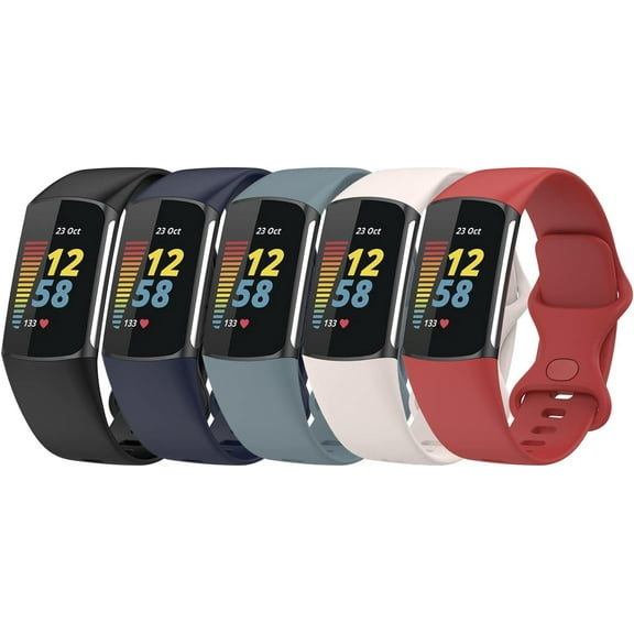 MYKOMI 5PCS Bands Compatible with Fitbit Charge 6/Charge 5 Straps Replacement Soft Silicone Wristbands Armbands Accessory for Women Men,Small/Large Size