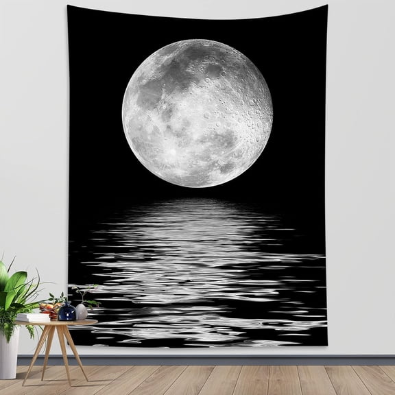 LB Small Full Moon Over Ocean Tapestry Wall Hanging, Starry Night Sky Wall Tapestry, 3D Fantasy Black and White Large Moon Wall Art for Bedroom Living Room Dorm Home Decor, 40 x 60 Inches