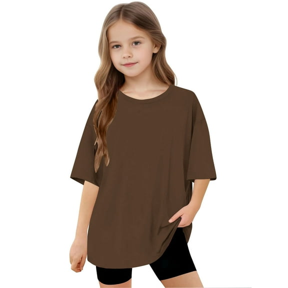 Spazoro Toddler Girls T-shirts, Crewneck Summer Casual Solid Color Short Sleeve Tops Coffee Size 5-15T