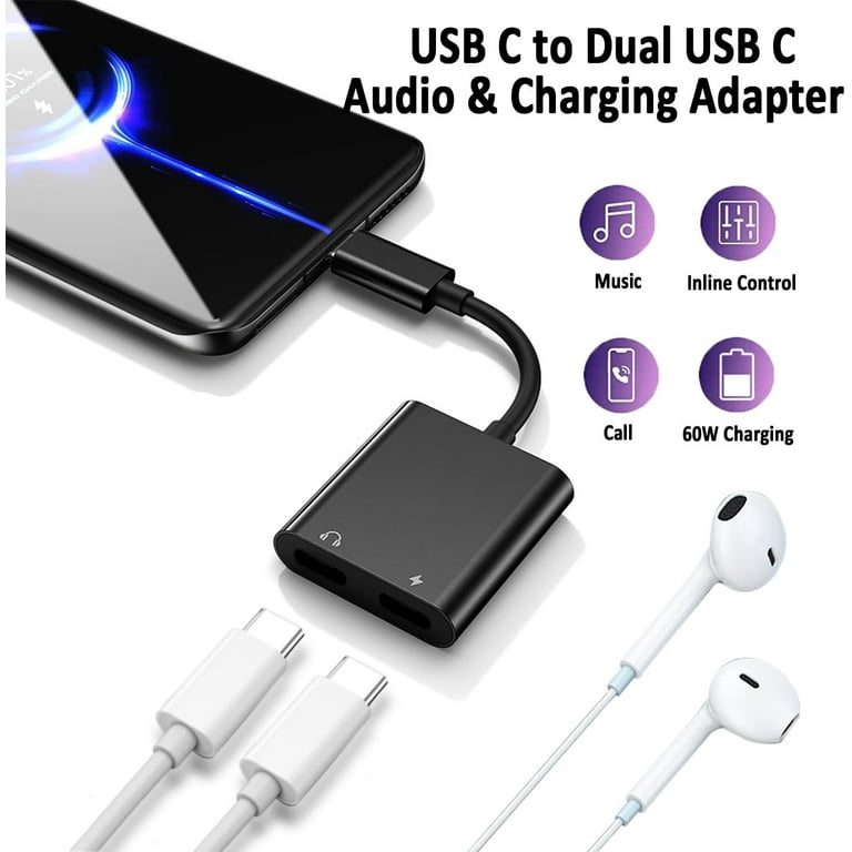 USB C to 3.5mm Headphone Adapter,3 in 1 Dual Headphone Audio Jack Splitter  with PD Fast Charging Port for Samsung Galaxy S22 S21 S20 S10 S9,2018 iPad