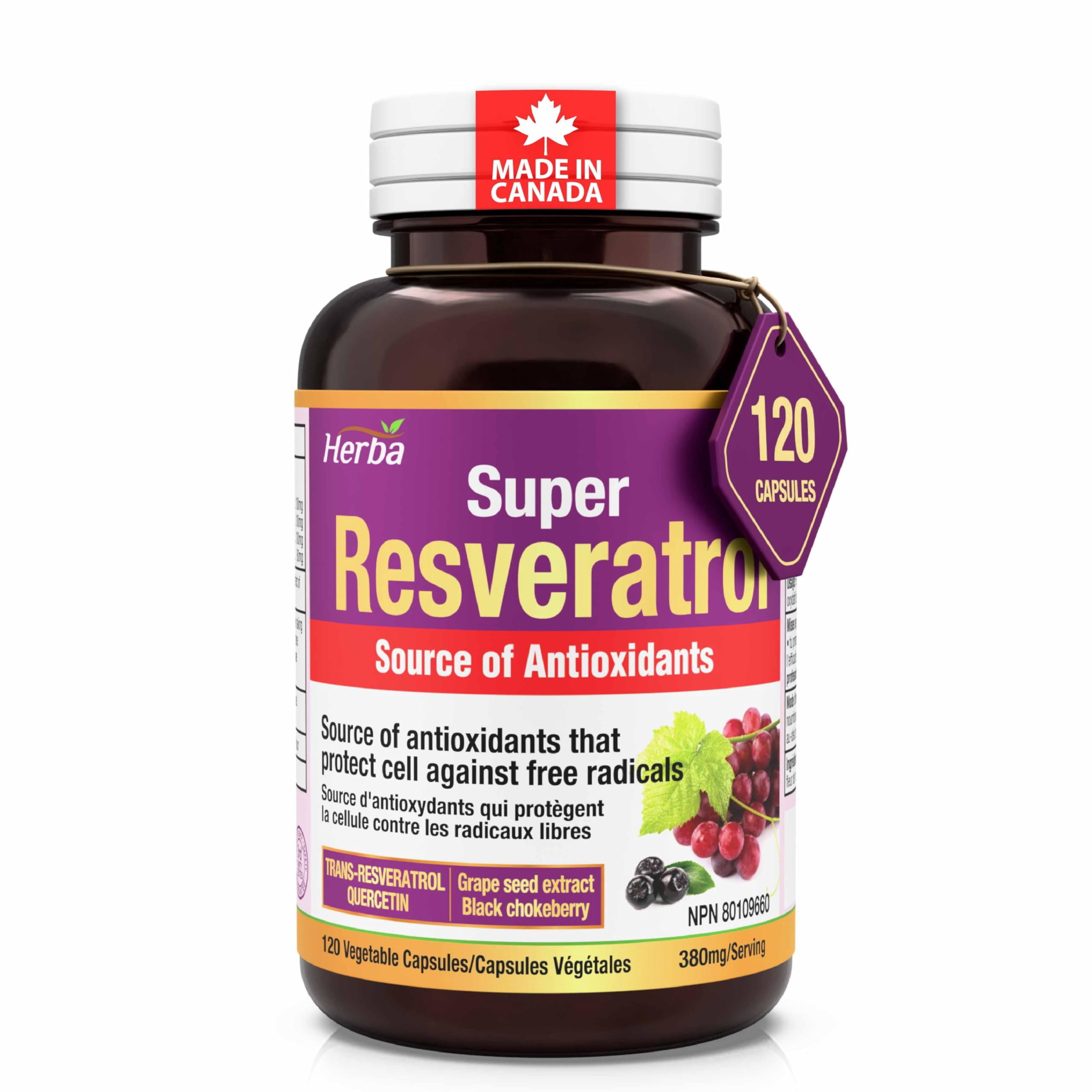 Herba Herba Resveratrol Supplement Canada - 120 Capsules | 99.8% Purity Trans-Resveratrol with Quercetin, Echinacea, Grape Seed Extract, and Aronia | Made in Canada