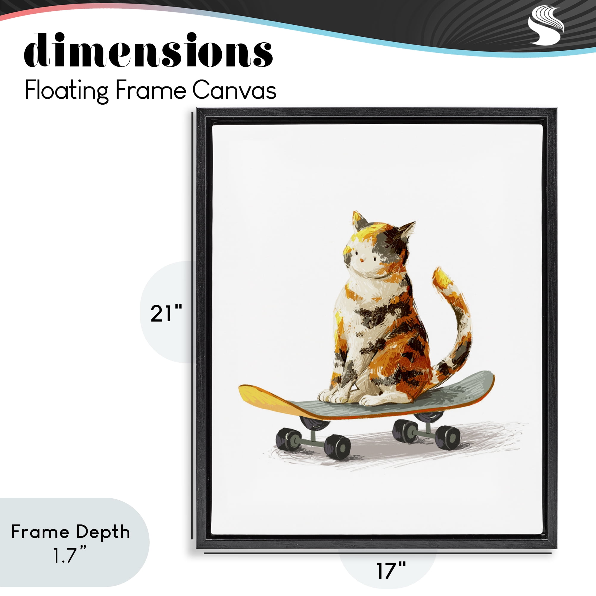 Stupell Industries Calico Cat on a Skateboard Black Framed Floater Canvas Wall Art, design by Ziwei Li