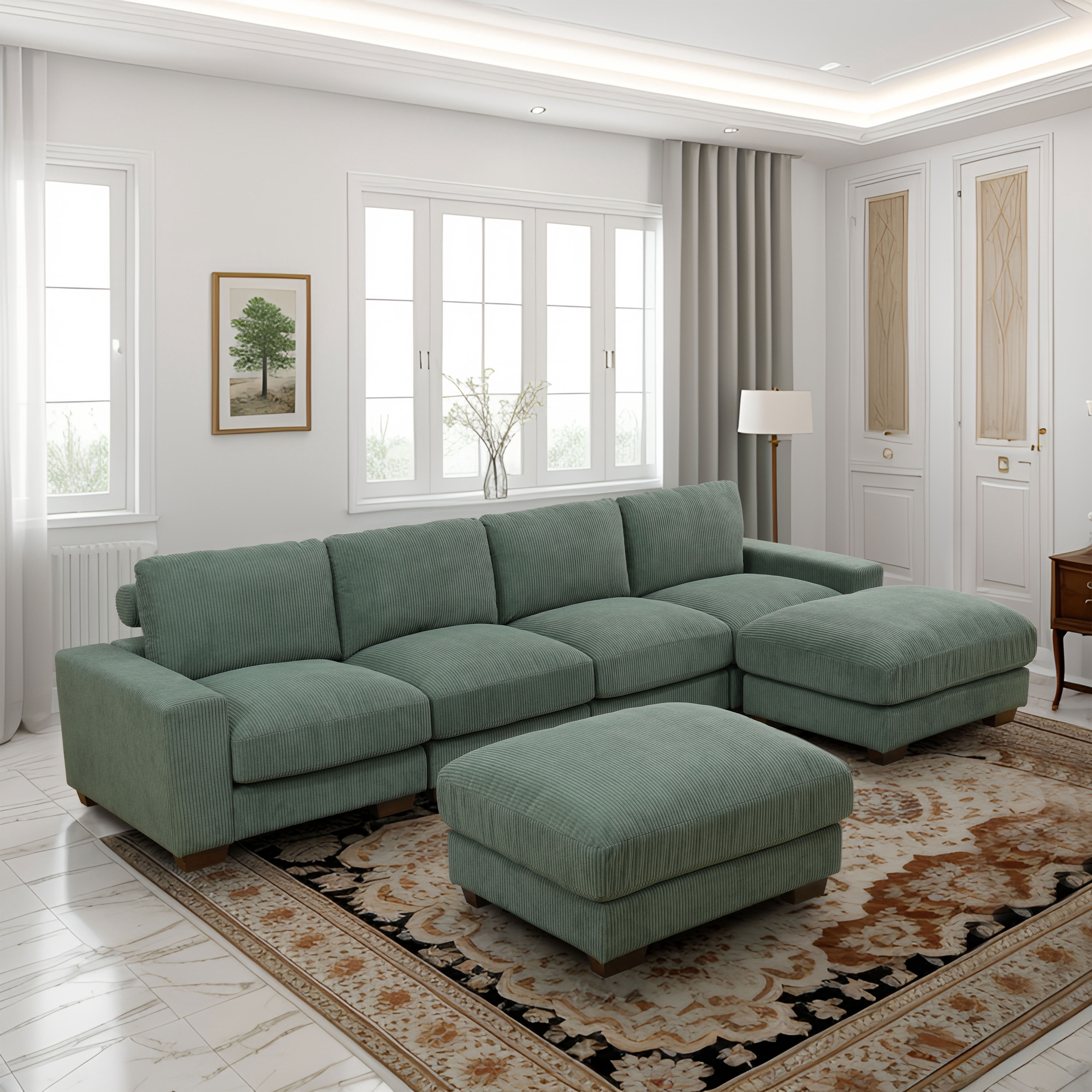 MAYEERTY Modular Sectional Sofa, Flocking Fabric Couch with Double Ottomans & Anti-Insect Frame, Green Living Room Furniture