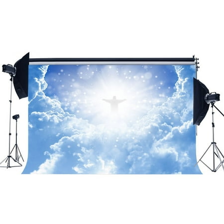 Image of MOHome 7x5ft Photography Backdrop Dreamy Fairytale Blue Sky White Cloud Bokeh Halos Glitter Sequins Sunshine Wedding Backdrops for Baby Girl Lover Portraits Background Photo Studio Props