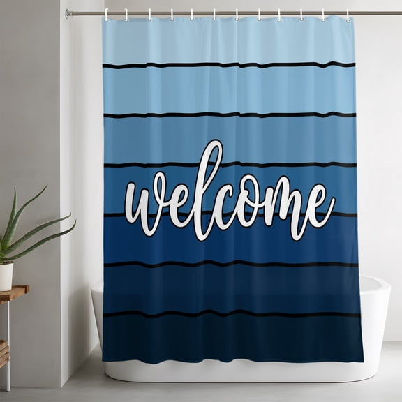 Shower Curtains for Bathroom-72"x84",Welcome Text Blue Ombre Wooden Waterproof Bath Curtain Grommet Shower Curtain Set with Hooks,