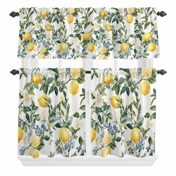 3 Piece Kitchen Curtains and Valances Set Lemon Fruit Cafe Curtains 36 Inch Length Vintage Tree Leaf Branch Flower Floral Valance & Tier Curtain for Living Room Bedroom Small Window 54"x18" 27"x36"*2