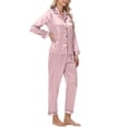 thumbnail image 6 of WTOBBY Women's Plus Size Ice Silk Satin Long Sleeve Long Pants Pajama Set, Soft Lightweight Loungewear for Home Relaxation and Sleep,Pink M, 6 of 6