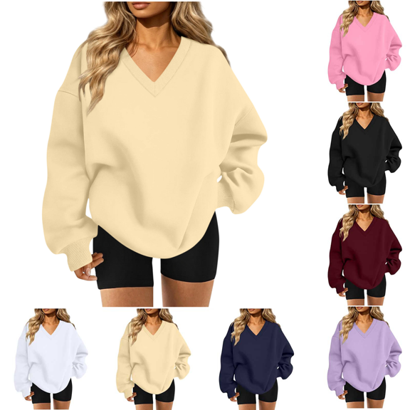 Liuinsasek V Neck Oversized Drop Soulder Sweatshirt for Women Solid Pullover Comfortable Top Fashion Casual Long Sleeve Winter clothes