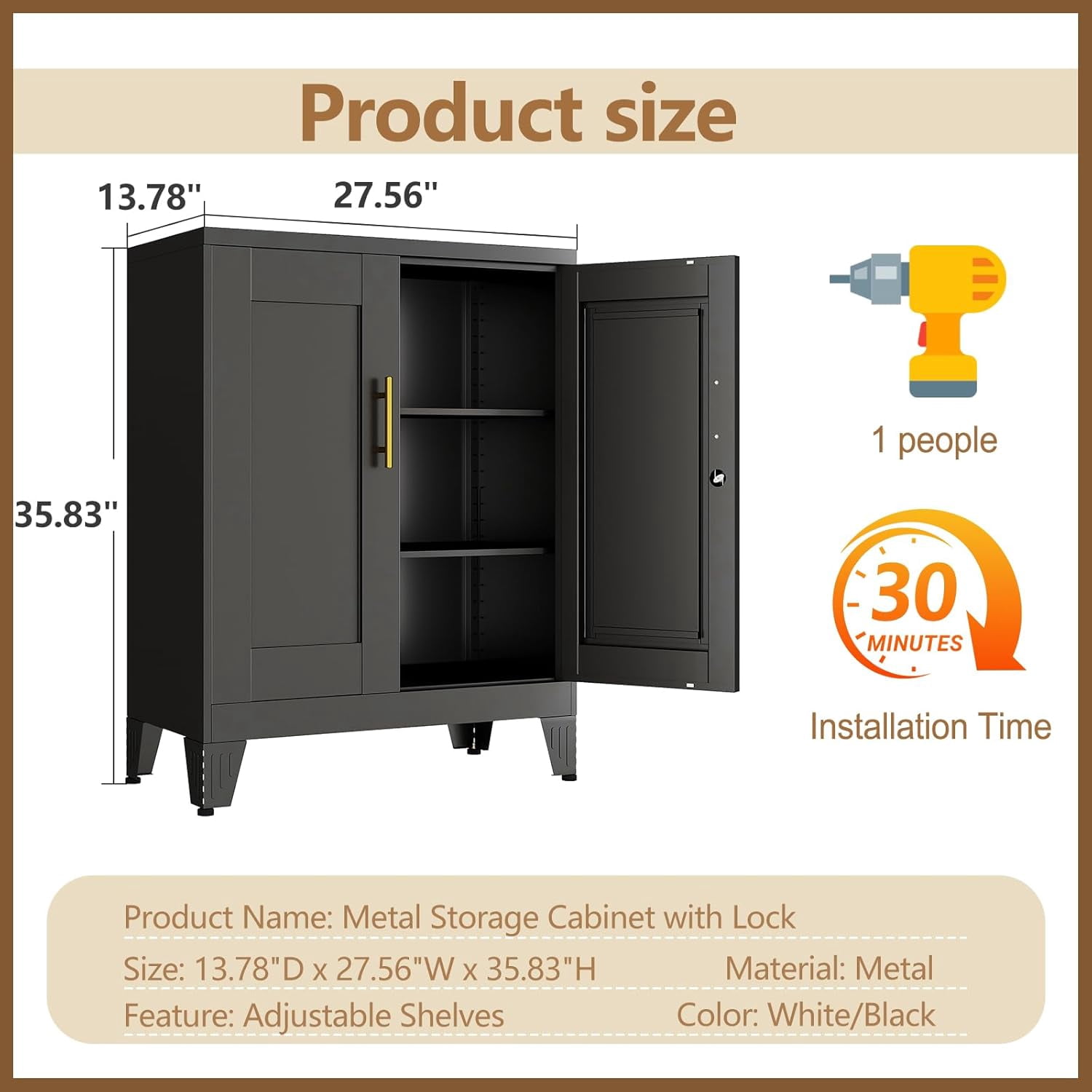 Erosoei Small Metal White Office Storage Cabinet with Shelves and Lock,Steel File Cabinet