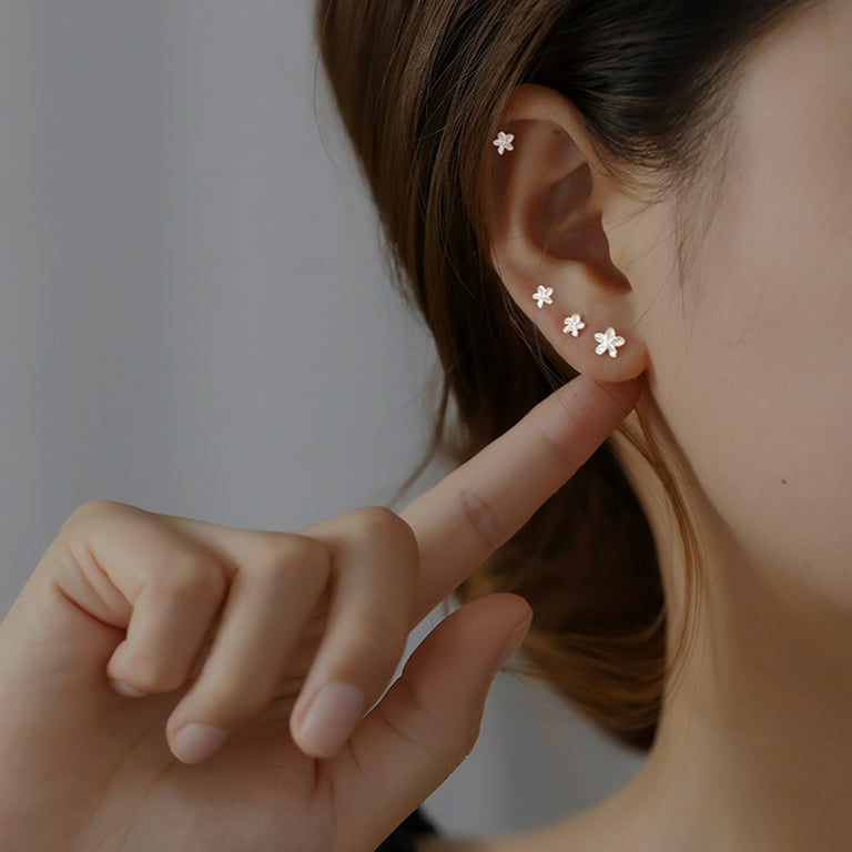 Pairs Tiny Flower Stud Earrings Set Sterling Silver Cartilage
