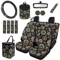 Uorisanigo Mandala 15 PCS Car Seat Cover Full Set, Car Wheel Cover Protector Seat Belt Cushion Pad Vehicle Trash Can Air Vent Storage Coasters Rearview Mirror Cover Key Chains Car Decor