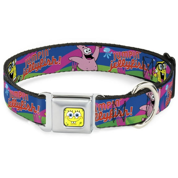 Nickelodeon Pet Collar, Dog Collar Metal Seatbelt Buckle, Nerd Spongebob Patrick Starfish Running Jumpin Jellyfish, 9.5 to 13 Inches 1.0 Inch Wide