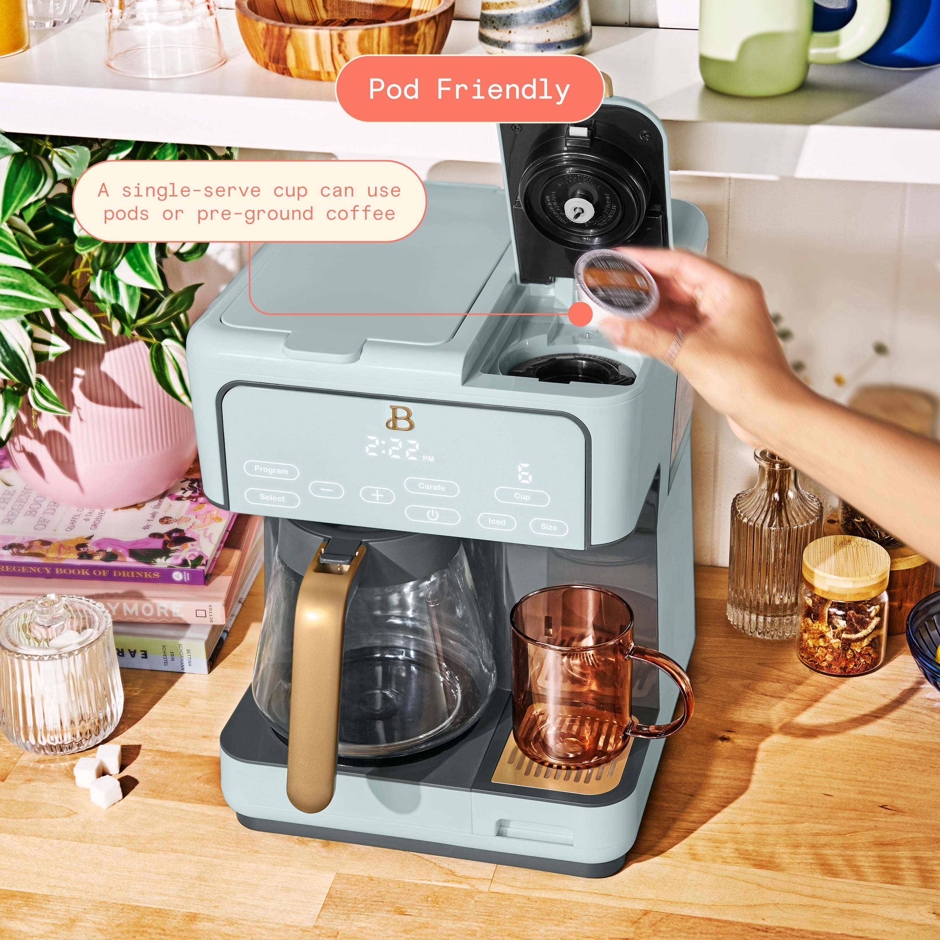 Beautiful Programmable 12-Cup & Single-Serve Multi-Brew Coffee Maker, Hydrangea by Drew Barrymore