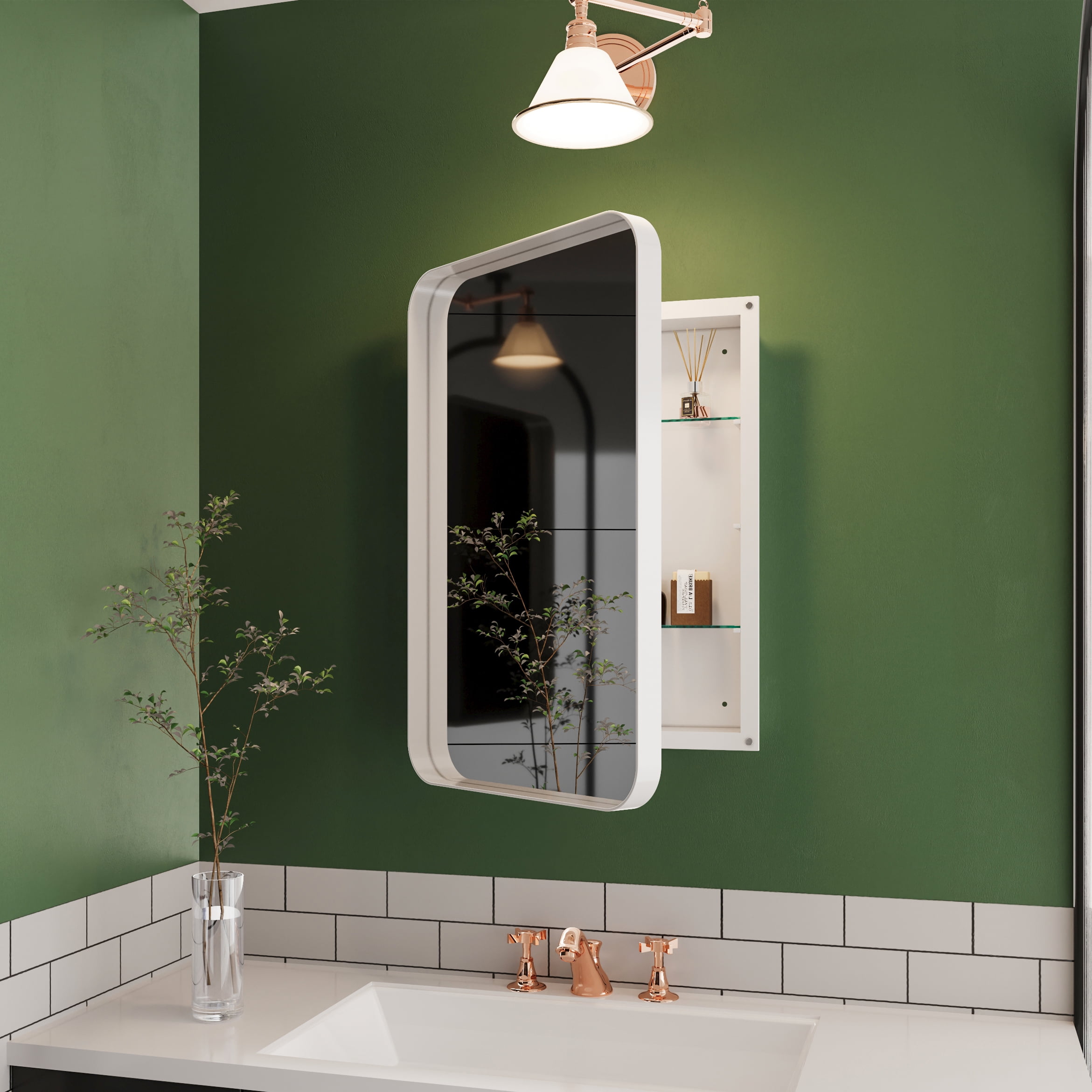 Bathroom Wall Storage Cabinet with Mirror Rectangle Stainless Steel Frame Medicine Cabinet White