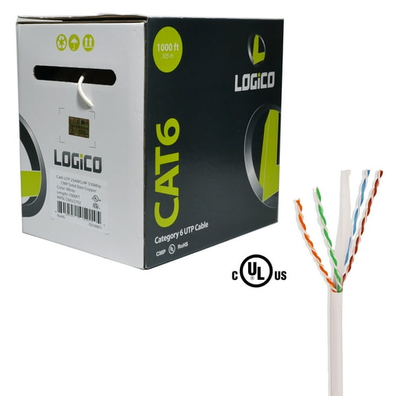 CAT6 PLENUM UTP CABLE 1000FT ETHERNET CMP 23AWG 550Mhz PURE COPPER UL WHITE