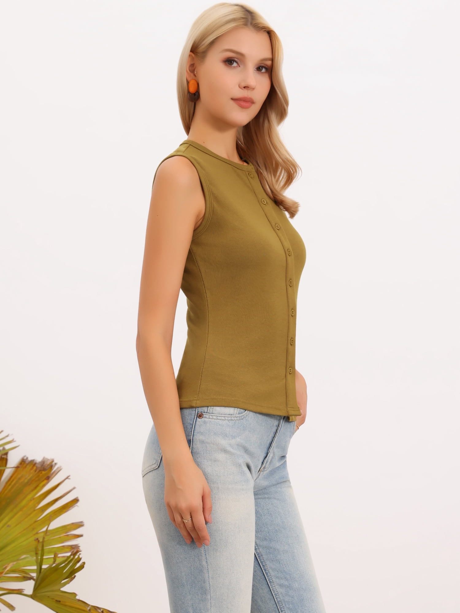 DARING DIVA Women's Button Down Sleeveless Y2K Going Out Vest Top M Khaki