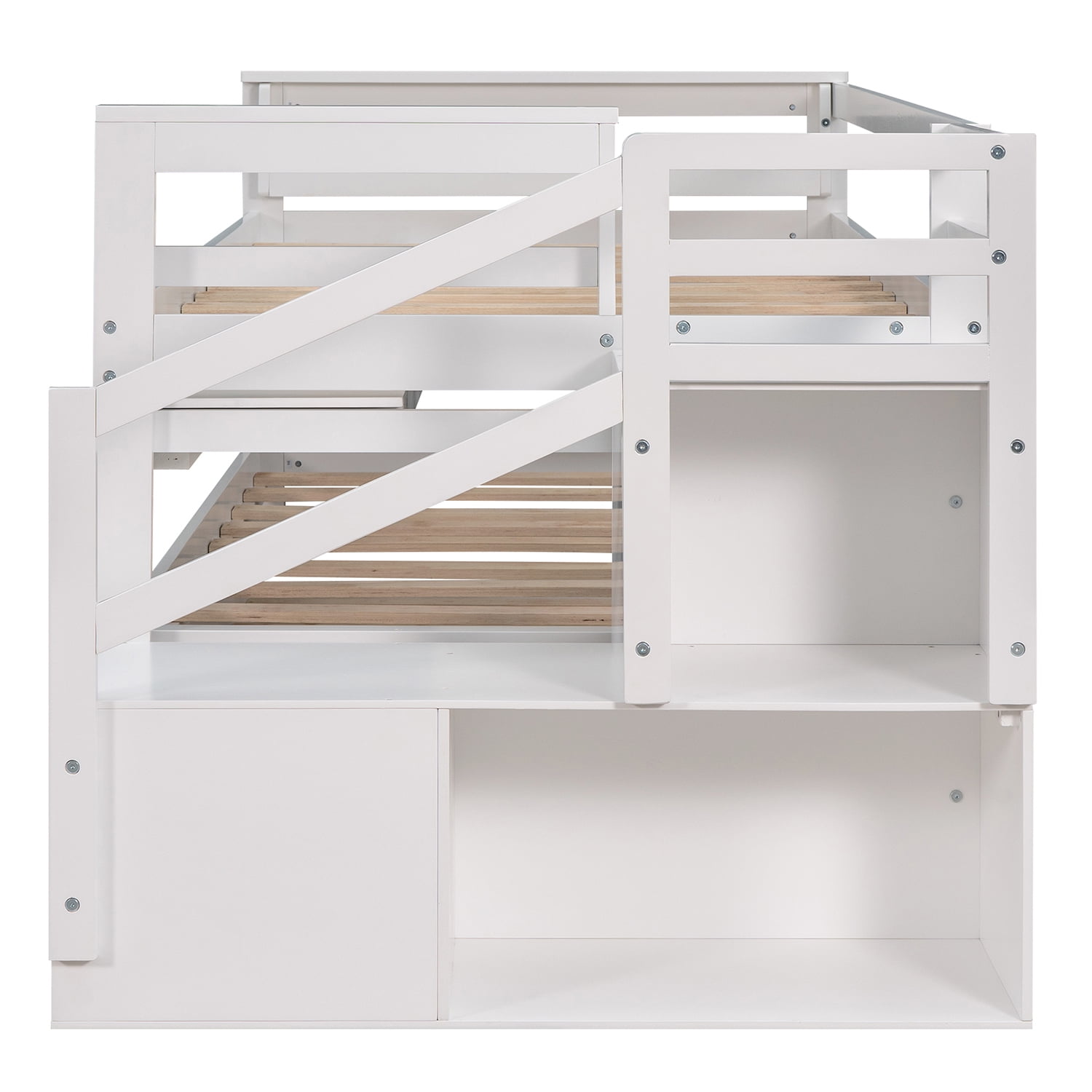 Kepooman Twin Size Daybed with Double Trundle, Flexible Shelf and Storage Staircase, White Kepooman Twin Size Daybed with Double Trundle, Flexible Shelf and Storage Staircase, White