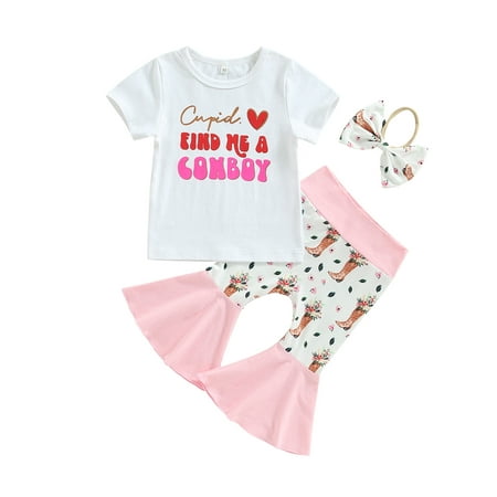 

wybzd Baby Girl Clothes Bell Bottom Outfit Cow Print Short Sleeve Shirt Top Flared Pants Set Cowgirl Summer Outfits 3-6 Months