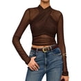 thumbnail image 3 of Long Sleeve Mesh Crop Tops for Women Criss See Through Sheer Ruched Blouse Slim Fit Tee Shirt Brown M, 3 of 10