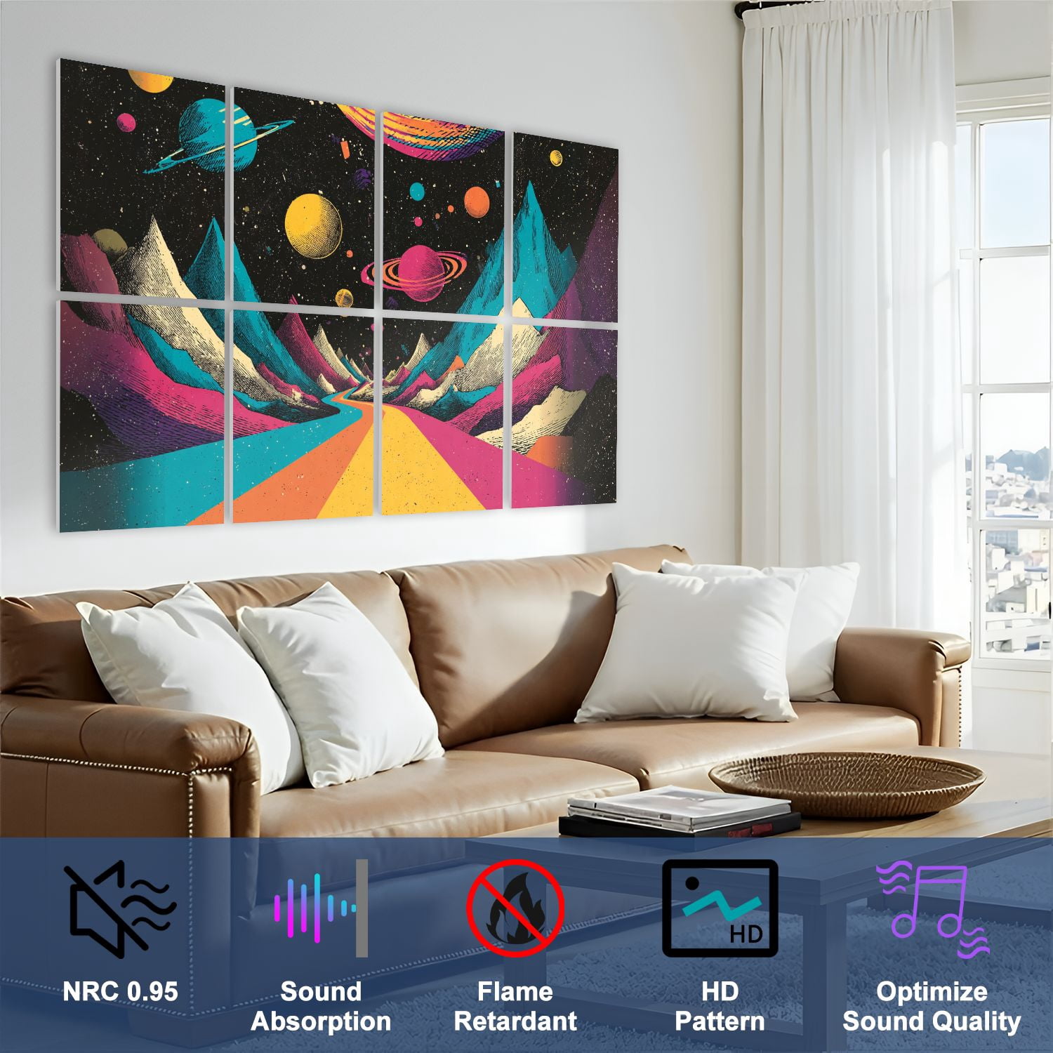 8 Pack Art Acoustic Panels Colorful Cosmic Landscape Planets Mountains Psychedelic Retro Space Self Adhesive Sound Absorbing Panels for Home Office Studio Media Room 48"x32"