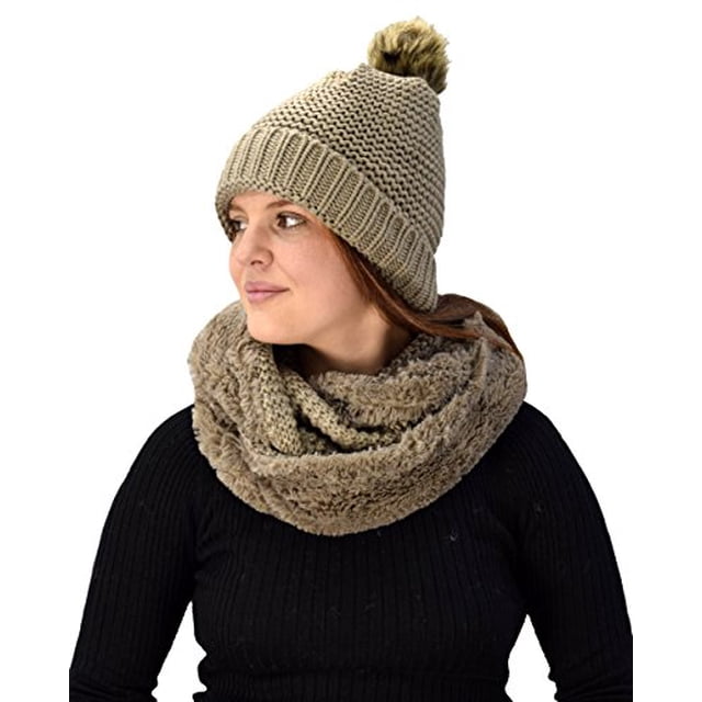 Peach Couture Thick Crochet Weave Beanie Hat Plush Infinity Loop Scarf 2 Pack Taupe 90
