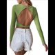 thumbnail image 3 of Top Corto de Punto Acanalado de Larga con Espalda Descubierta para Mujer, Corte Ajustado, Cuello Redondo, Espalda y Abertura. Verde XL, 3 of 10