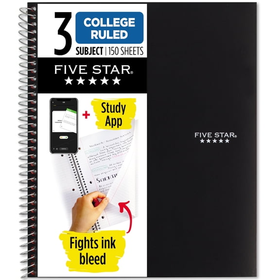 Five Star Wirebound Notebook, 3-Subject, 150 College-Ruled Sheets, 11 x 8.5 Inch Sheet Size, Black (72069)