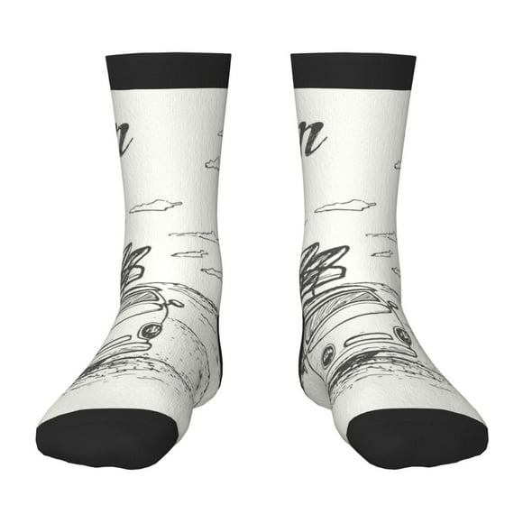 Wukai Summer Vacation Scene With Camping Van for Children's Mid-tube Socks, Elastic Contrast Color Sports Socks, Suitable for Boys and Girls Aged 6-10